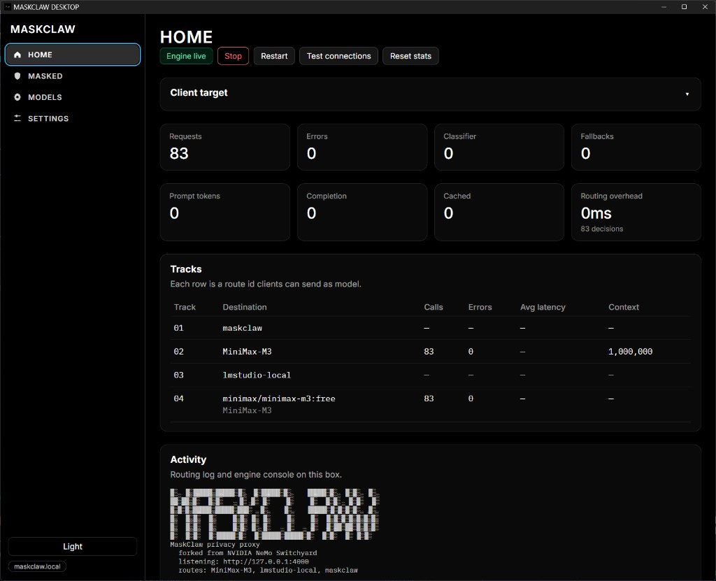 MaskClaw Desktop HOME screen
