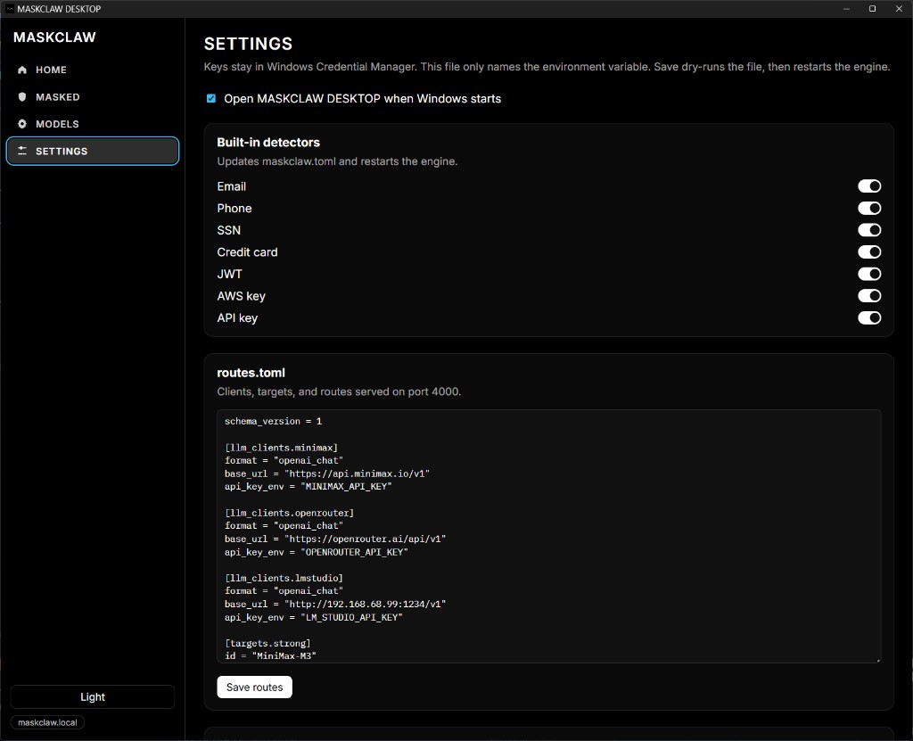 MaskClaw Desktop SETTINGS screen